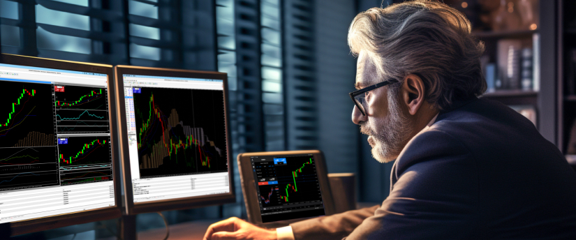 A suited man is seated at a desk, analyzing two monitors that showcase different trading platforms and market information.
