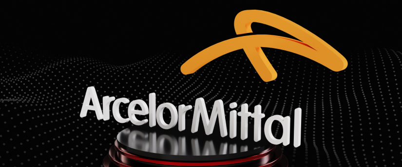 The Arcelormittal logo set against a black background, highlighting its design and corporate branding.