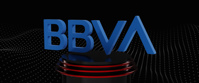 The BBVA logo stands out on a black background, showcasing the brand's identity in a minimalist style.