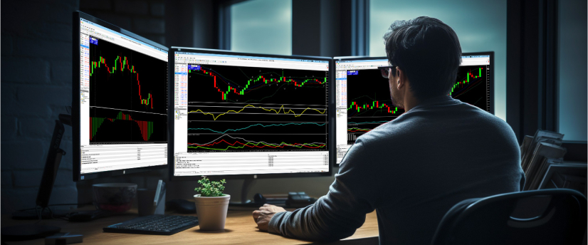 A man working at a desk with three screens, each showcasing distinct stock market graphs and analytics