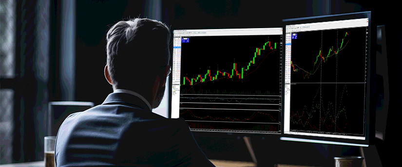 A suited man at a desk, analyzing two monitors that showcase different trading data and charts.