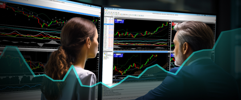Two individuals analyzing a stock market graph displayed on a computer screen, engaged in discussion.