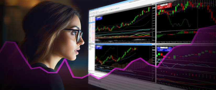 A woman gazes at a screen with a graph, engaged in data analysis and interpretation.