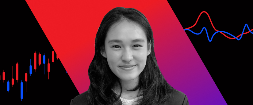Melanie, a webinar analyst, features red and blue lines on her face, symbolizing creativity and innovation in her field.