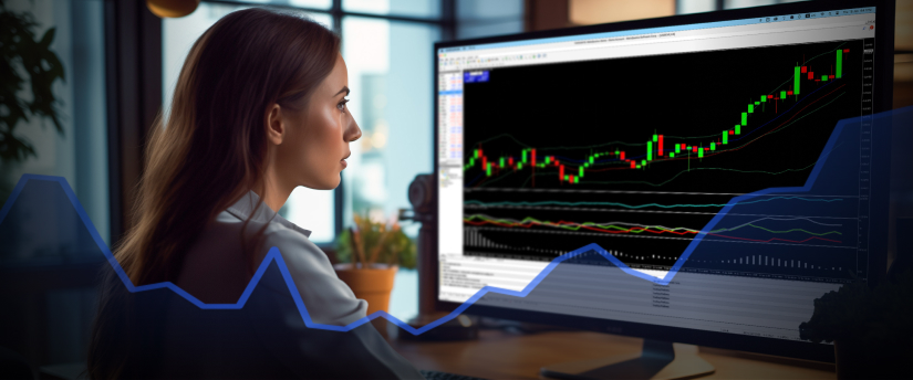 A woman gazes intently at a computer screen displaying a stock chart, analyzing market trends and data.