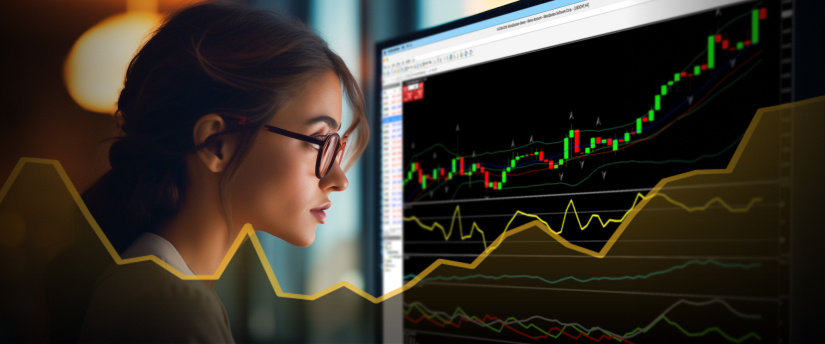 A woman studying a chart displayed on a computer screen, concentrating on the information presented for insights.