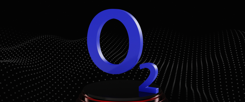 O2 logo prominently featured against a sleek black background, emphasizing brand identity and modern design.