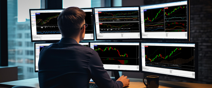 A man at a desk surrounded by multiple screens displaying various trading options and market data.