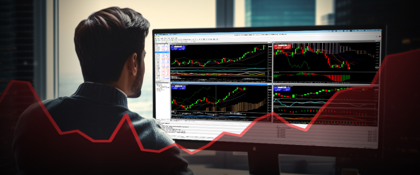 A man intently observes a computer screen displaying a stock market graph, analyzing financial trends and data.