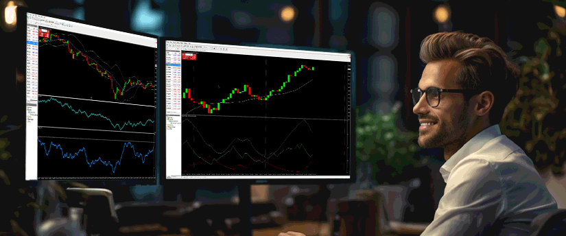 A man with glasses is at a desk, observing two screens that present diverse trading indicators for analysis.
