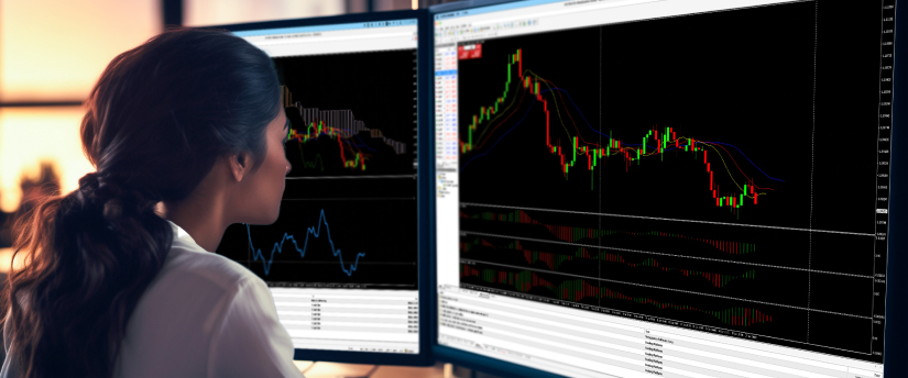 A woman examines trading indicators on dual monitors, concentrating on her financial decisions.