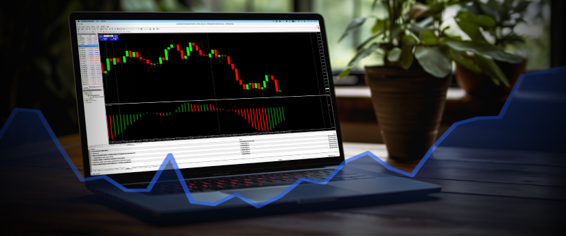 An individual trading forex on a laptop, surrounded by financial documents and a notepad, indicating a serious trading session.