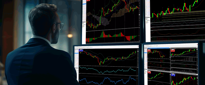 A man in a suit analyzes multiple screens displaying various trading indicators and market data.