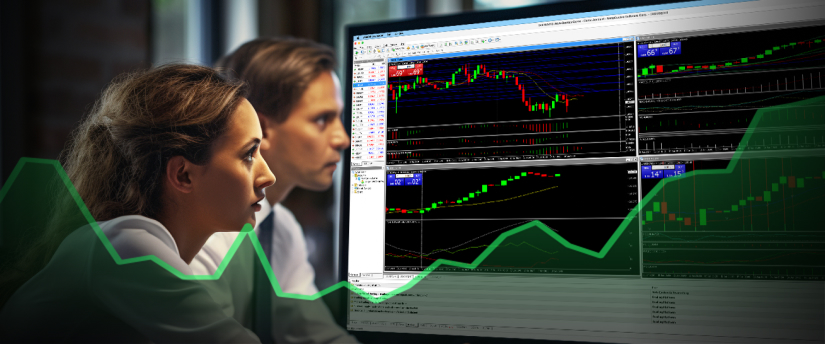 Two traders analyzing a stock market graph displayed on a computer screen, engaged in discussion and observation.