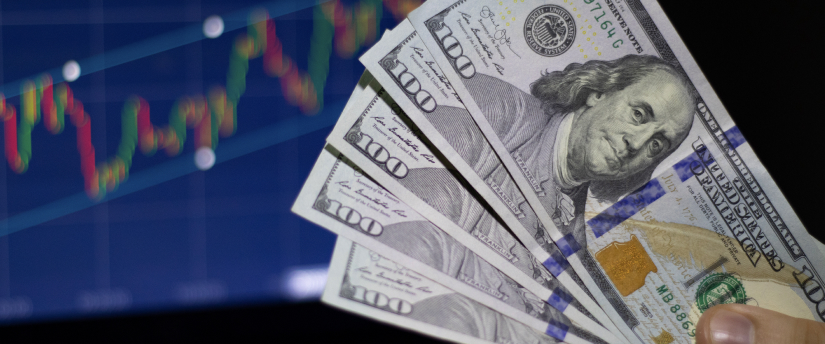 A hand holding several US dollar banknotes, showcasing the currency's distinct green and white design.
