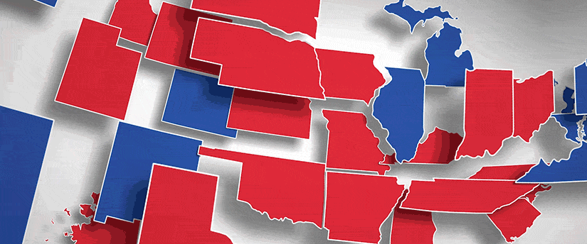 A map of the United States adorned with red, white, and blue flags, symbolizing national pride and unity