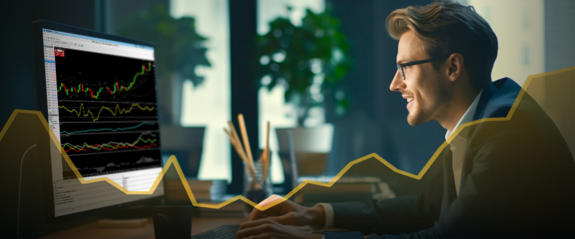 A suited man examines a computer screen featuring a chart, engaged in trading analysis on MetaTrader 4.