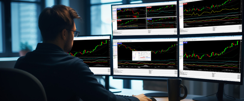 A man at a desk surrounded by multiple screens displaying various trading indicators for forex trading.