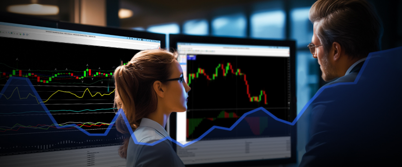Man and woman observing a mt4 indicator market graph on a screen, engaged in technical analysis for trading purposes.