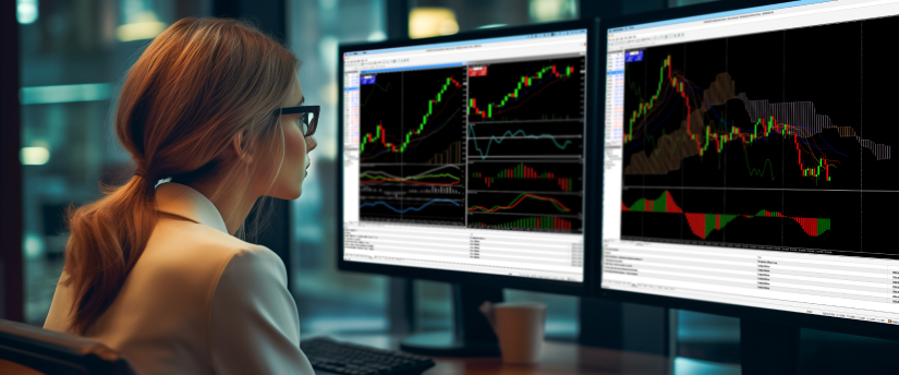 A woman at her desk, analyzing two monitors that showcase different trading platforms and market information.