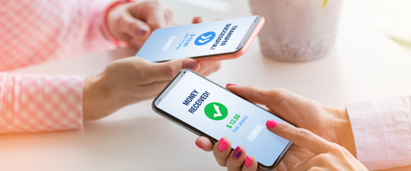 Two people showcasing smartphones with the phrase "welcome to my bank," representing modern banking and financial transactions.