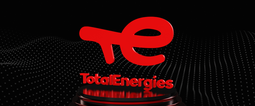 The Total Energies logo set against a black backdrop, symbolizing its role in the oil and gas industry.