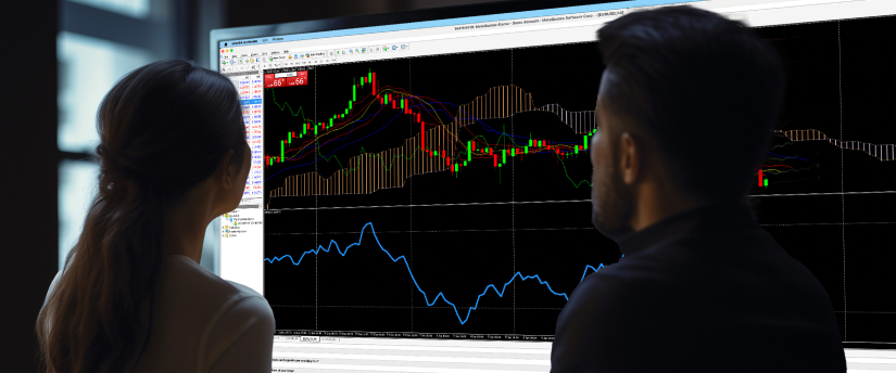 Two traders analyzing a computer screen displaying investment indicators and data for MT4 trading rules.