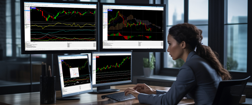 A female trader seated at a desk, analyzing forex indicators on three monitors connected to the MT4 trading platform.