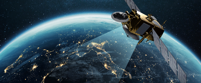 A creative illustration of a satellite floating in space, highlighting its features against a backdrop of stars and planets.
