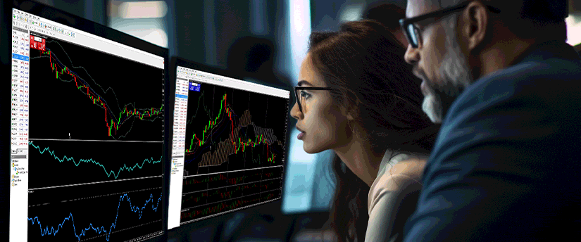 A man and woman, both traders, examine stock market data on a screen, reflecting their analytical skills and professional success.