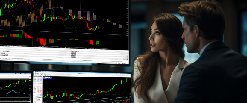 Forex stocks traders collaborating and analyzing data on multiple screens, making strategic trading decisions in real-time.