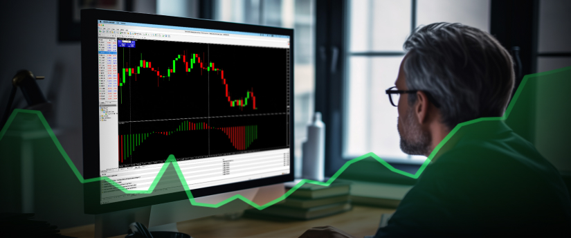 A suited man observes a computer screen with a rising trend line, reflecting positive performance on the MT4 Forex platform.
