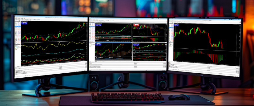 Three monitors showcasing various trading platforms, highlighting MetaTrader 4 for Forex leverage trading.
