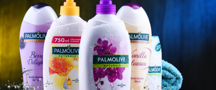 Palmolive shampoo and other products lined up, showcasing items for stock investment consideration.