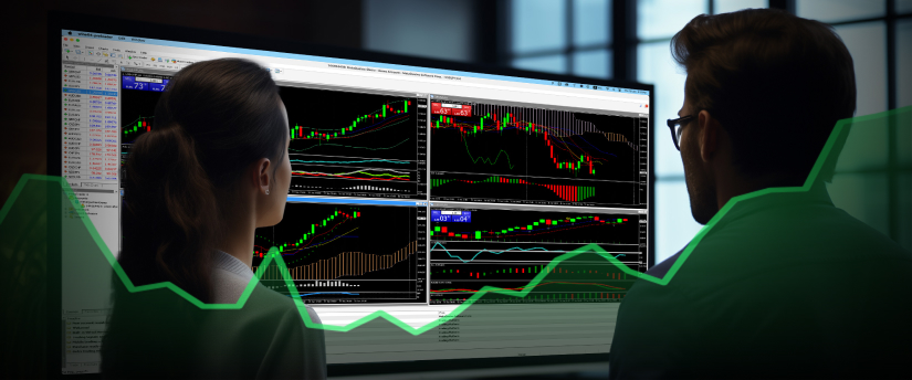 Two people focused on a computer screen, examining a stock chart together, highlighting collaboration in financial analysis.