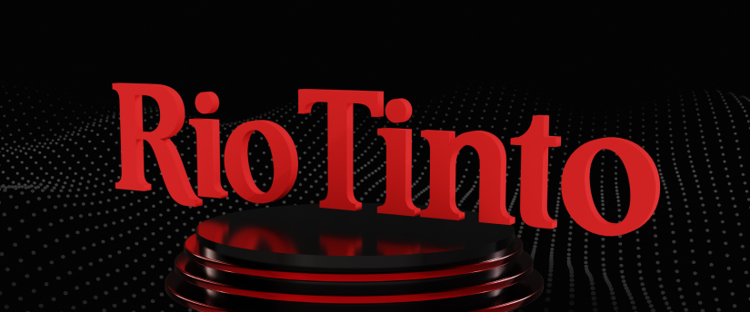 Rio Tinto logo centered on a sleek black background, highlighting the company's branding with a minimalist and modern design.