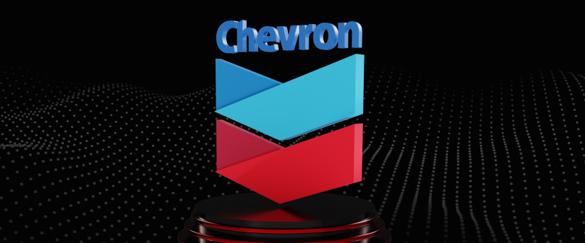 Chevron's logo displayed on a trophy featuring a prominent red and blue arrow design.