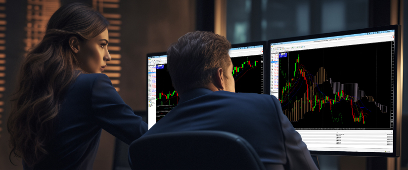 Two traders observing a computer screen featuring a trading chart, discussing market movements and strategies.