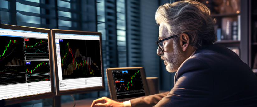 A professional man in a suit works at a desk, observing two monitors with distinct trading screens and financial analytics.