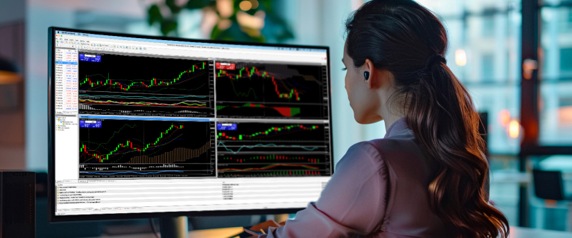 A woman studies a computer screen filled with diverse trading options, reflecting her interest in investment opportunities.