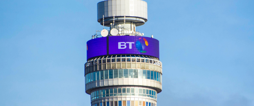 The newly constructed BT Tower in London, featuring a sleek architectural style and surrounded by city buildings.