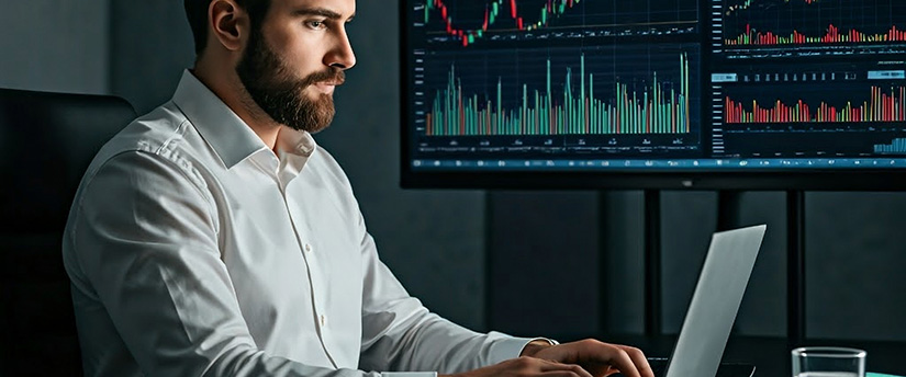 A man at a desk using a laptop, with stock market graphs visible on a screen beside him