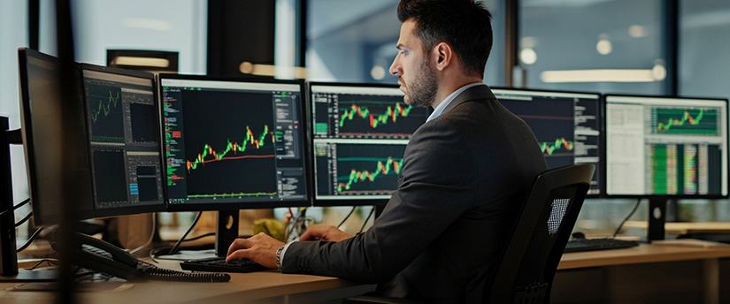 A suited man works at a desk with several computer screens, engaged in a task.