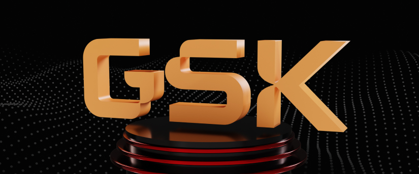 The GSK logo set against a black background, highlighting the company's branding in a minimalist and elegant manner.