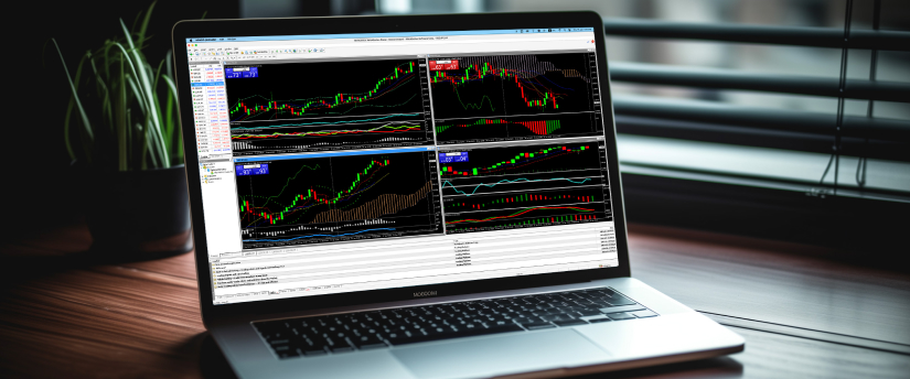 A laptop featuring several screens, each displaying different trading platforms for effective market monitoring and trading.