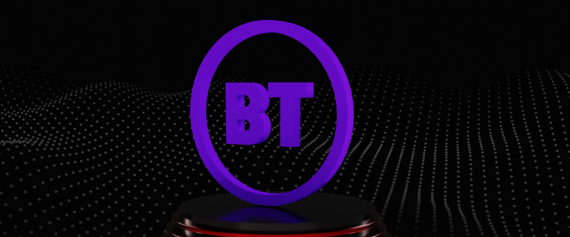 A glowing purple and black BT logo set against a black backdrop.