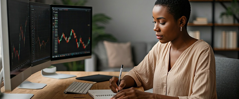 A woman at a desk with two monitors, focused on her work while holding a pen in her right hand.