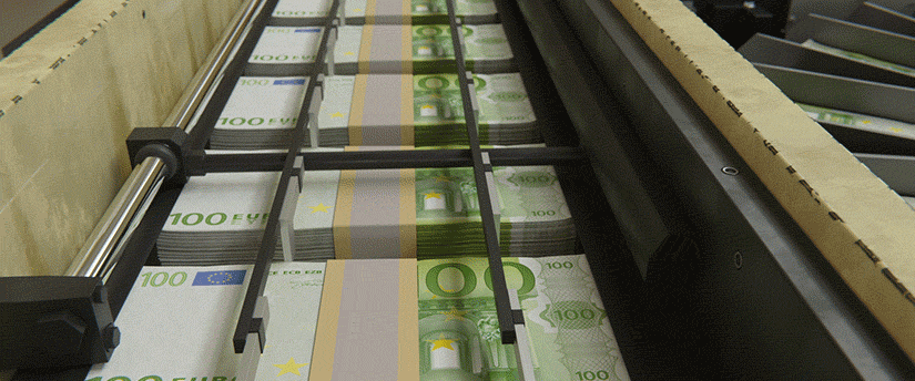 A conveyor belt displaying multiple stacks of euro banknotes in various denominations.
