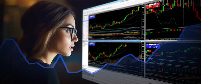A woman gazes intently at a screen showing a stock chart, examining market fluctuations and investment opportunities.