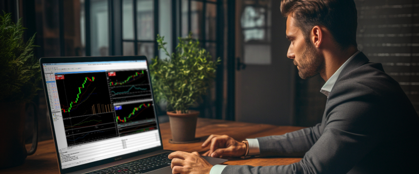 A suited man operates a laptop, engaged in trading activities at a modern workspace.